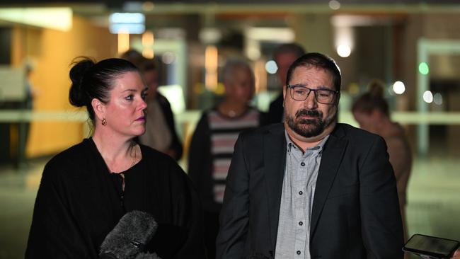 Kerry-Lin and Michael Stewart outside the Brisbane Supreme Court after a teenager was found guilty of manslaughter over the fatal stabbing of their son, Balin. Picture: Lyndon Mechielsen/Courier Mail