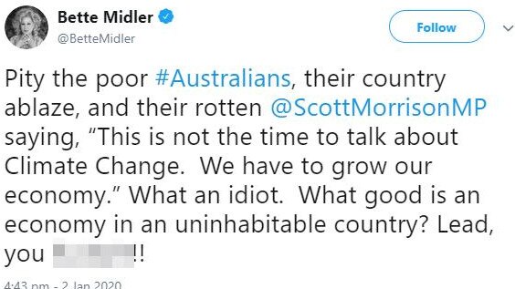 Bette Midler's tweet about Scott Morrison. Picture: Twitter