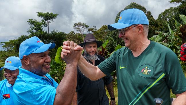 PAPUA NEW GUINEA: Newswire Photos: APRIL 24 2024: Australia's Prime Minister Anthony Albanese and Papua New Guinea Prime Minister James Marape walk along the Kokoda Track at Kokoda Village in Papua New Guinea on April 24, 2024. Prime Minister Anthony Albanese slips over. Picture: NCA NewsWire via the Australian Prime Ministers Office