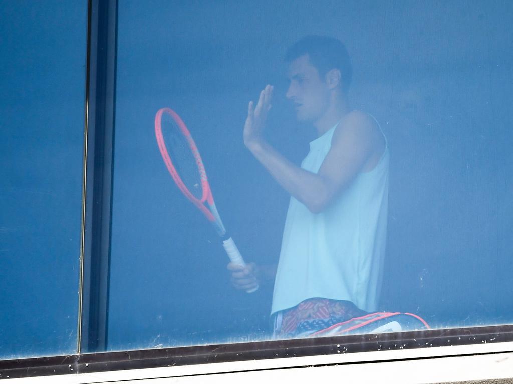 Bernard Tomic exercising in his hotel room in Melbourne on January 17, 2021. Picture: William West/AFP