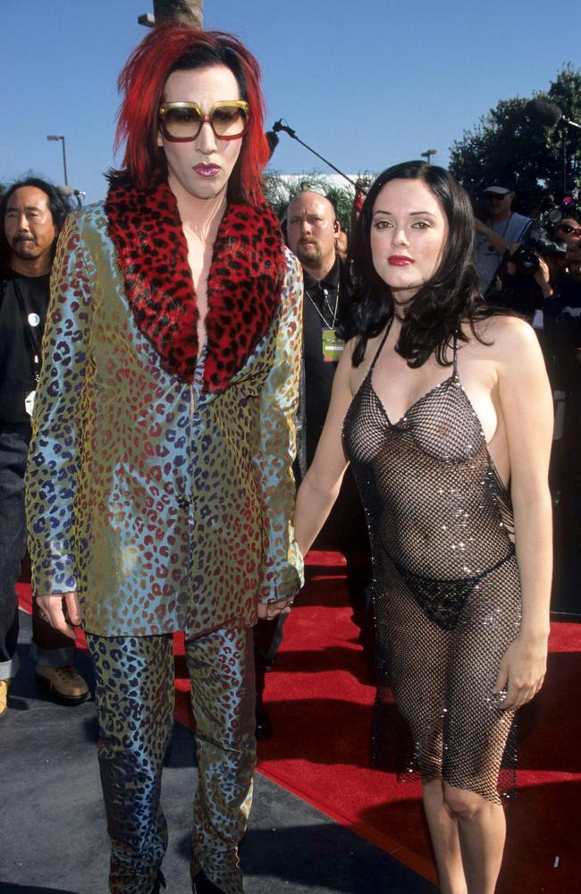 Marilyn Manson and Rose McGowan at the 1998 MTV VMAs. Picture: Getty