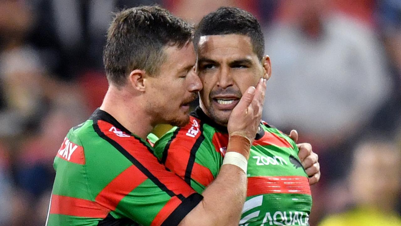 Cody Walker (right) of the Rabbitohs is reportedly being pursuited by seven NRL clubs, including the Broncos.