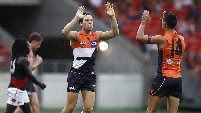 Toby Greene and Tim Taranto celebrate another Giants goal. Pic: Getty Images