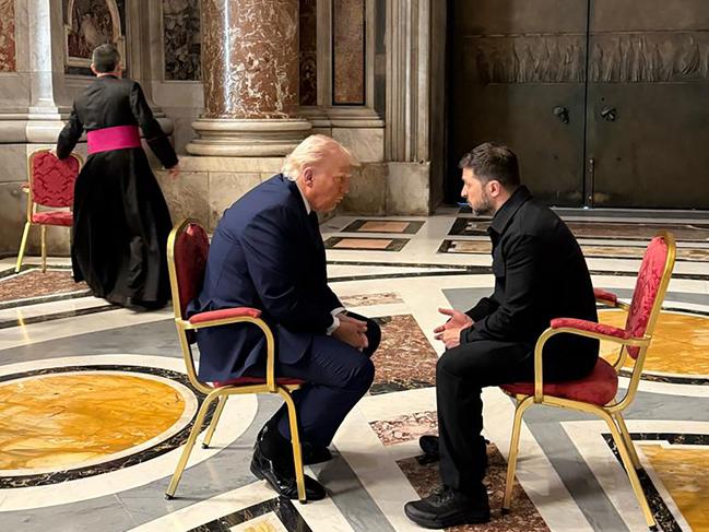 In this handout photograph taken and released by the Ukrainian Presidential Press Service in Kyiv on April 26, 2025, Ukraine's President Volodymyr Zelensky (L) meets with US President Donald Trump (R) on the sidelines of Pope Francis's funeral at St. Peter's Basilica at the Vatican. (Photo by Handout / UKRAINIAN PRESIDENTIAL PRESS SERVICE / AFP) / RESTRICTED TO EDITORIAL USE - MANDATORY CREDIT 