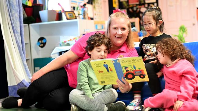 Daycare worker Theresa Willet with Lorenzo Rodriguez, Aleena El-Masri, Muse Zaeng. Picture: Jeremy Piper