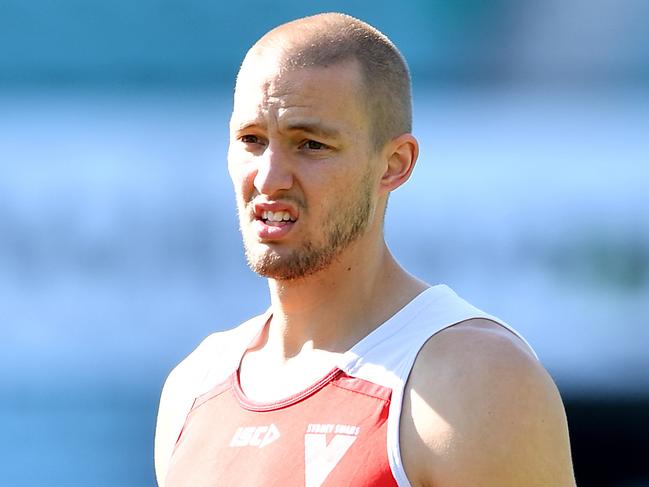 Sam Reid of the Sydney Swans during a training session in Sydney, Tuesday, August 21, 2018. The Sydney Swans will host Hawthorn in round 23 of the AFL at the SCG on Saturday. (AAP Image/Joel Carrett) NO ARCHIVING