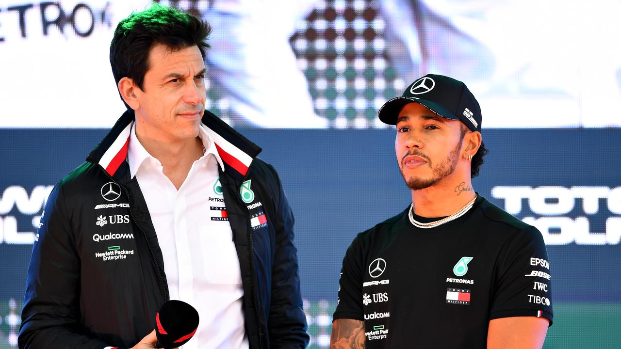 MELBOURNE, AUSTRALIA - MARCH 13: Lewis Hamilton of Great Britain and Mercedes GP and Mercedes GP Executive Director Toto Wolff on stage for the F1 Live event during previews ahead of the F1 Grand Prix of Australia at Melbourne Grand Prix Circuit on March 13, 2019 in Melbourne, Australia. (Photo by Clive Mason/Getty Images)