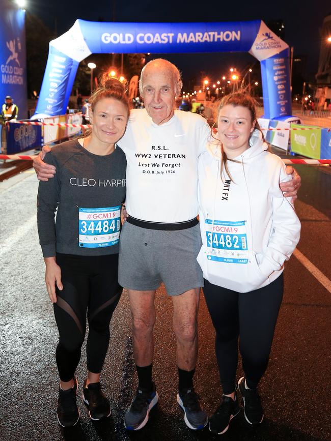 Christina hunt, 33, grandfather Victor Williams, 92 and Pam Venables, 24, prior to the 10km race at the Gold Coast Marathon. Photo: Tim Marsden