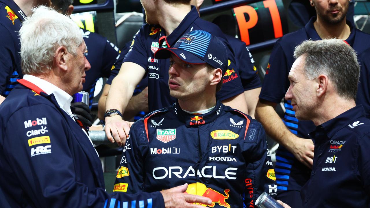 JEDDAH, SAUDI ARABIA - MARCH 09: Race winner Max Verstappen of the Netherlands and Oracle Red Bull Racing speaks with Oracle Red Bull Racing Team Principal Christian Horner and Oracle Red Bull Racing Team Consultant Dr Helmut Marko in parc ferme during the F1 Grand Prix of Saudi Arabia at Jeddah Corniche Circuit on March 09, 2024 in Jeddah, Saudi Arabia. (Photo by Clive Rose/Getty Images)