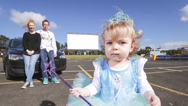 Lunar Drive-in co-owner Matthew Kildery with wife Tilly and 16-month-old daughter Savannah. Picture: Wayne Taylor