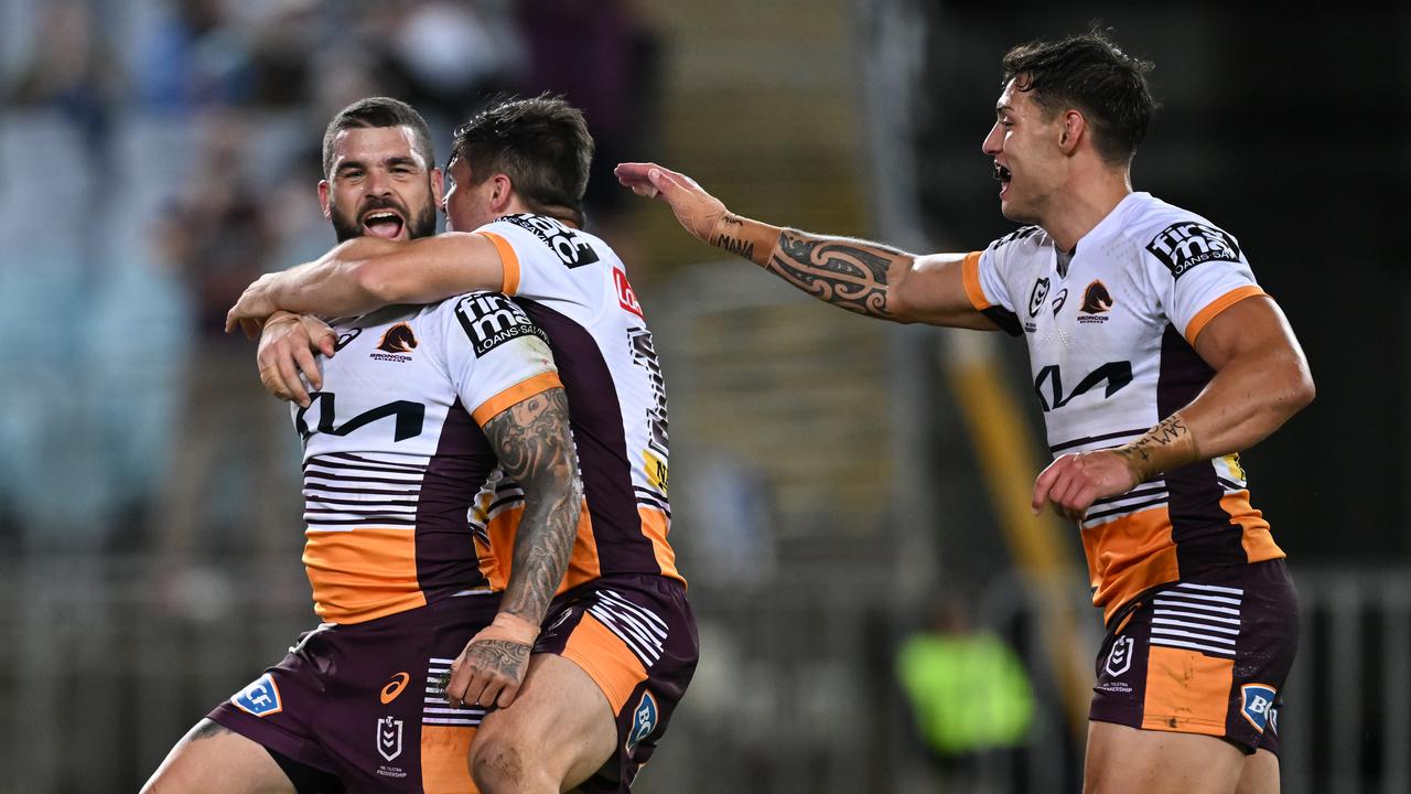 Broncos halfback Adam Reynolds scores against the Rabbitohs. Picture: NRL Imagery