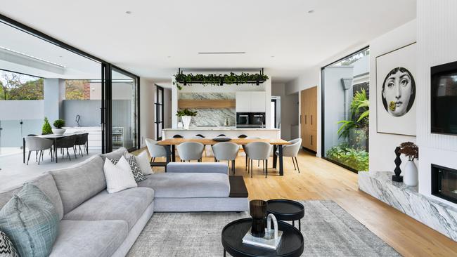 The open-plan kitchen, dining and living space.