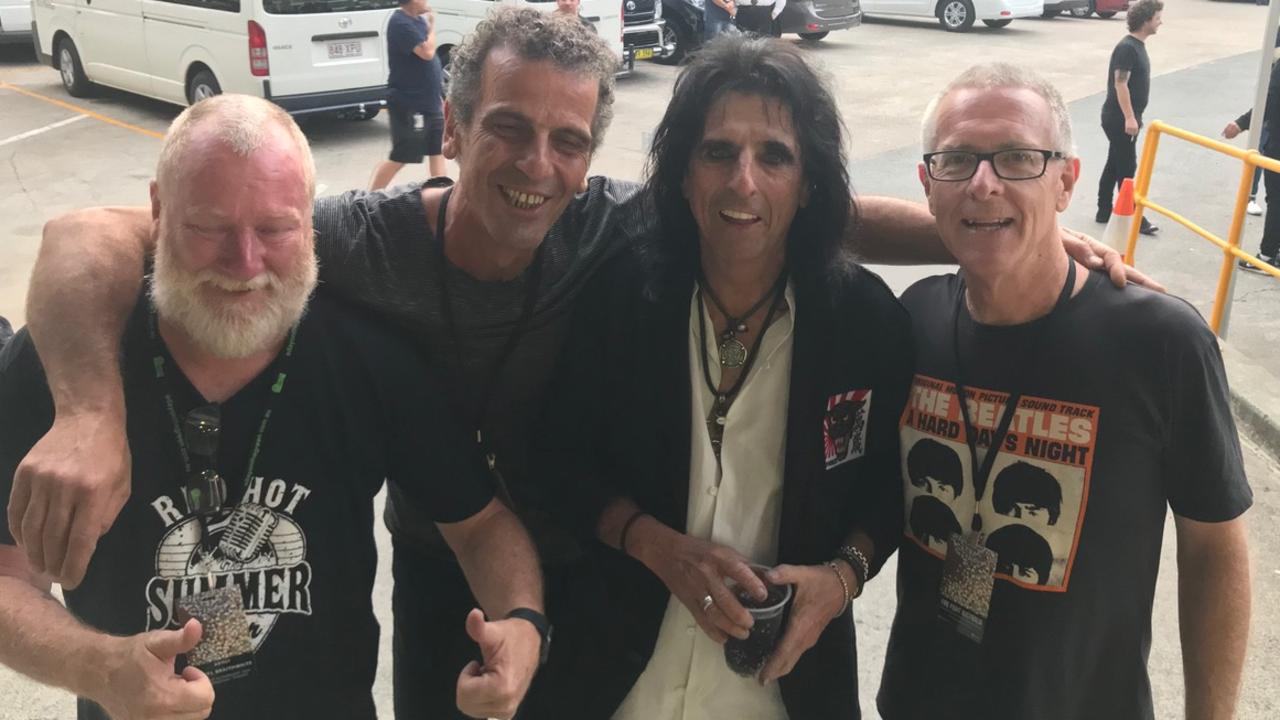 Brad Parker, John Corniola, Alice Cooper and Geoffrey Wells backstage at Qudos Bank Arena. Picture: Supplied/Daryl Braithwaite