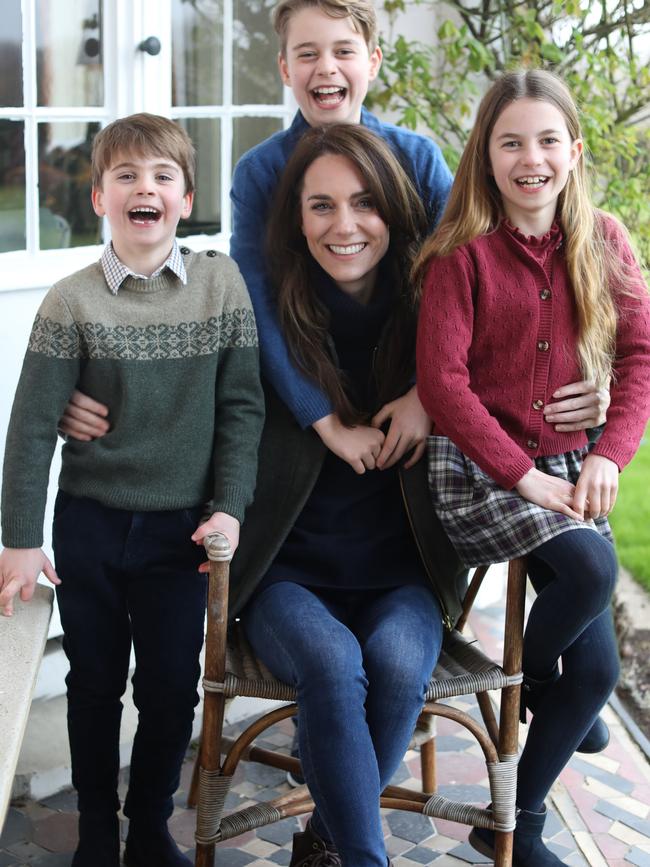 The now infamous image of Catherine, Princess of Wales with her children, Prince Louis, Prince George and Princess Charlotte. Picture: Prince of Wales/Kensington Palace/Handout/Getty Images