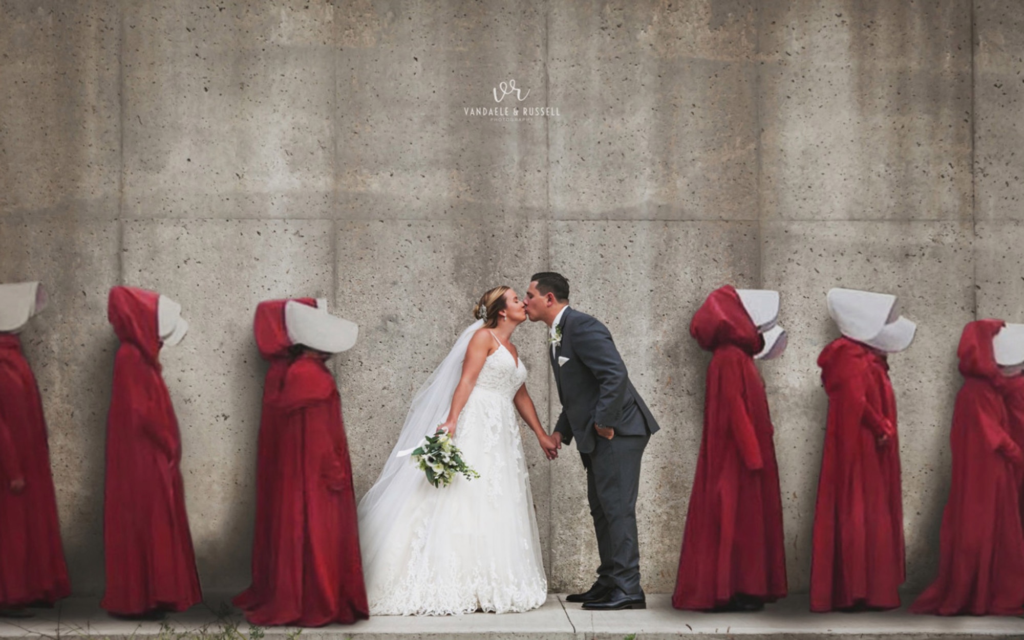 This ‘Handmaid’s Tale’ inspired wedding photo has slammed as ‘tone deaf’ by outraged social media users. Picture: Van Daele &amp; Russell Photography