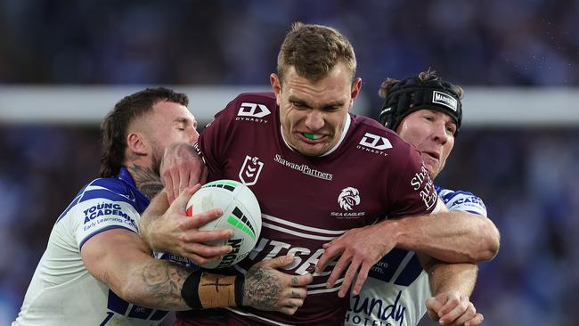 SYDNEY, AUSTRALIA - SEPTEMBER 15: Tom Trbojevic of the Sea Eagles charges forward during the NRL Qualifying Final match between Canterbury Bulldogs and Manly Sea Eagles at Accor Stadium on September 15, 2024 in Sydney, Australia. (Photo by Cameron Spencer/Getty Images)