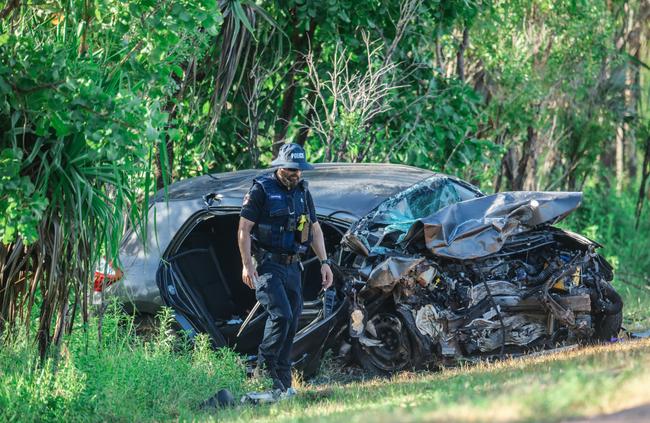 The wreckage of the car Mr Mohan was driving at the double fatal, on the side of Roystonea Ave in Palmerston. Picture: GLENN CAMPBELL