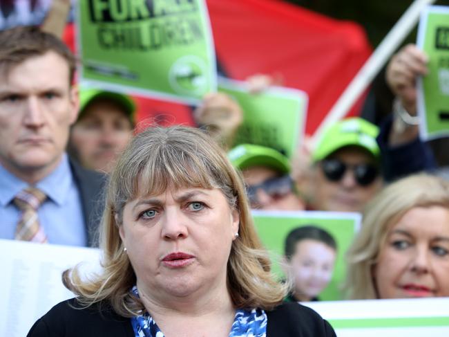 Federal president of the Australian Education Union (AEU) Correna Haythorpe speaks outside an Council of Australian Governments (COAG) Education Council meeting in Adelaide, Friday, April 13, 2018. The signatures of thousands of parents and teachers who are calling for better funding for public schools will be presented to the nation's education ministers as they meet in Adelaide. The Australian Education Union will present state and federal ministers on Friday with a letter signed by almost 6000 parents and teachers, urging a better deal for government schools. (AAP Image/Kelly Barnes) NO ARCHIVING