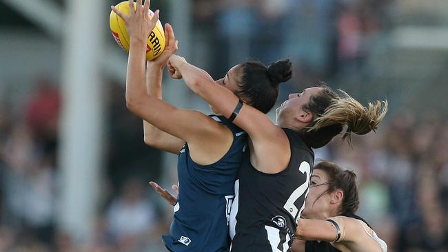 AFLW - Pies vs Blues Carlton player Darcey Vescio marks in front of Sophie Casey PictureWayne Ludbey