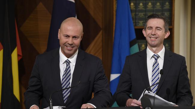 Mr Frydenberg (left, pictured with Coalition foreign affairs spokesman Simon Birmingham) has since taken up a new role as the Australian division of global investment bank Goldman Sachs since the election. Picture: NewsWire / Andrew Henshaw