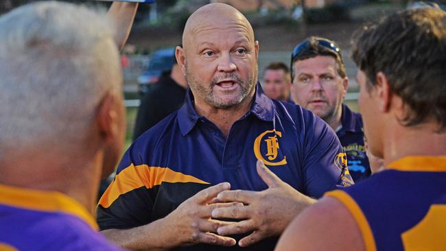 Jacana coach Paul Houston talks to his players. Picture: Rob Leeson