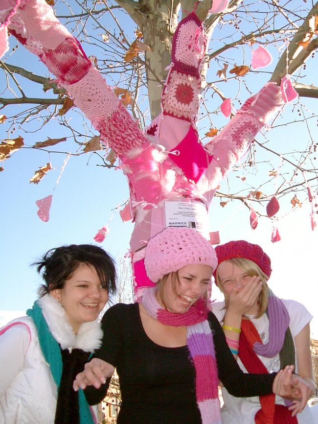 Jumpers n Jazz in July 2010. Tammy Goldsworthy, Katie Hawkins and Taylor Devine (left to right) in front of The Pink Tree entry by ToowoombaÃ¢â&#130;¬â&#132;¢s Pink Purlers group Pic supplied by Warwick Regional Art Gallery 06/07/10