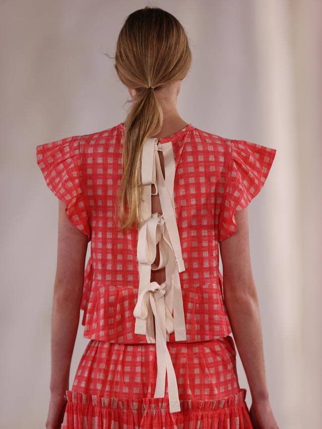 Ribbons! A model walks the runway during the Lee Mathews show at Australian Fashion Week 2025 at Carriageworks on May 13, 2025 in Sydney, Australia. (Photo by Jason McCawley/Getty Images)