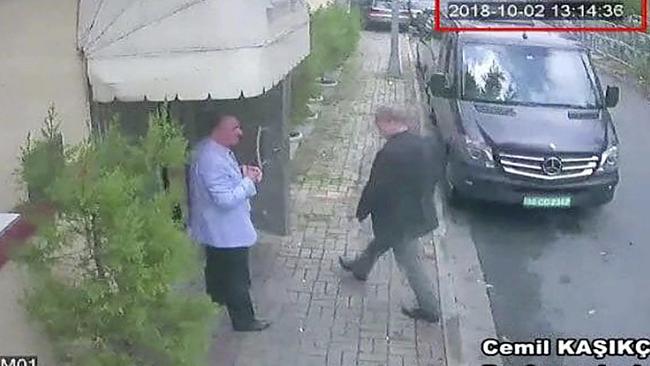 CCTV video obtained by the Turkish newspaper Hurriyet, shows Jamal Khashoggi entering the Saudi consulate in Istanbul on October 2. Picture: AP