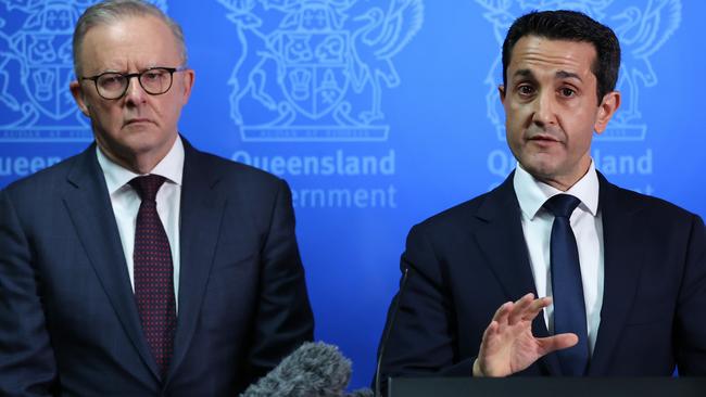 Anthony Albanese and David Crisafulli address the media. Picture: Adam Head