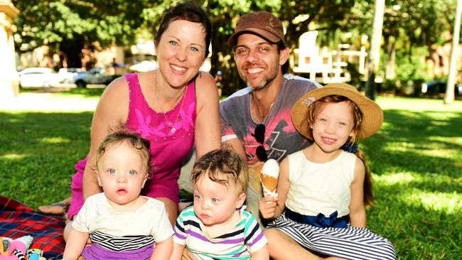 Tara and Gavin Runde with one-year-old twins Vincent and Reuben, and Amelie, 5, spend Mother’s Day at Anzac Park.