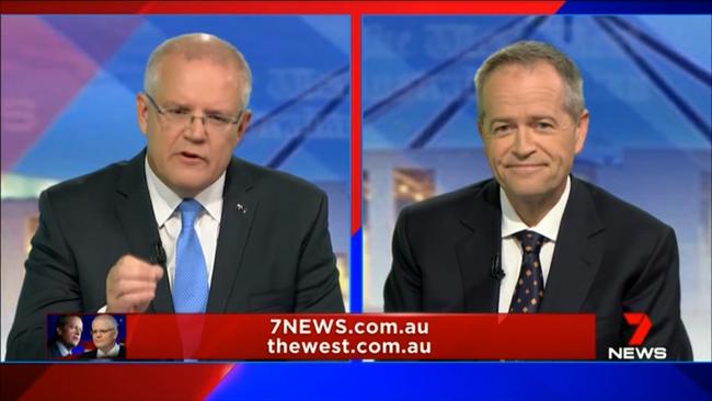 Australian Prime Minister Scott Morrison and Opposition Leader Bill Shorten during the first leaders forum at the Seven West Media Studios in Perth, Monday, April 29, 2019.