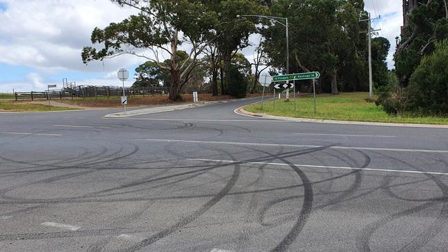 Skid marks from hoons doing burn outs at the intersection of Frankston-Flinders and Point Leo roads in Shoreham.