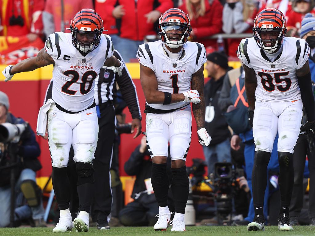 The Bengals triple threat of receivers: Joe Mixon, Ja'Marr Chase and Tee Higgins. Picture: Jamie Squire/Getty Images