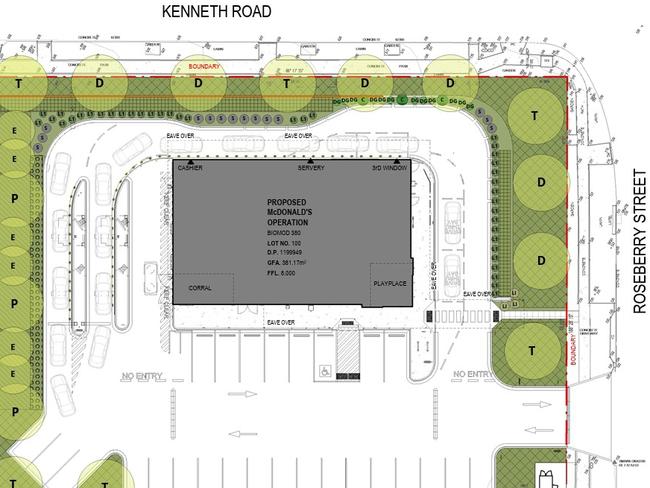 A diagram of a proposed McDonald's fast food restaurant, with drive-through facility, at the corner of Rosebery St and Kenneth Rd, Balgowlah. Picture: Webber Architects