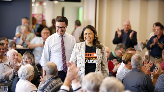 Senator Jacinta Nampijinpa Price and leader of the National Party, David Littleproud, campaign in Lithgow. Picture: Chris Pavlich