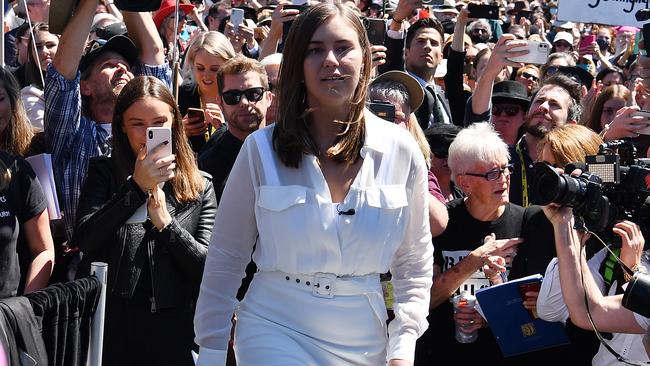 Brittany Higgins is seen at the rally outside Parliament House. Picture: Sam Mooy/Getty Images