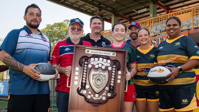 Back left: Michael Jennings and Peter Nason.Front left: Luigi Andreoli, Dennis Bree, Kaitlyn Watts, Ayesha Kay and Bianca Scrymgour at the launch of the 2023-24 Darwin Rugby Union season. Picture: Pema Tamang Pakhrin