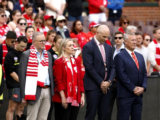 Prime Minister Anthony Albanese, his fiancee Jodie Haydon, Swans chief executive Tom Harley and Suns chief executive Mark Evans were in attendance. (Photo by Phil Hillyard)