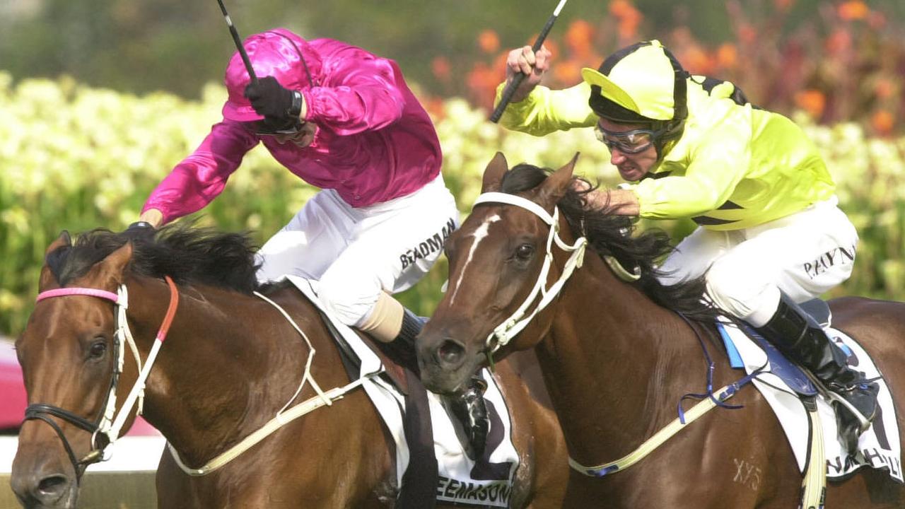 #### ALERT ALERT ####    BEFORE REUSE OF THIS IMAGE CHECK CONTENT AND COPYRIGHT ISSUES WITH THE /PICTURE /DESK- Apr 12 2003 : Freemason (L) jockey Darren Beadman, fights off Northerly's Patrick Payne, in winning Race 5, The BMW at Rosehill. PicJenny/Duggan. A/CT sport horseracing action