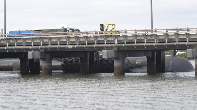 The submarine HMAS Collins is seen docked at Pinkenba on Thursday. Picture: Alistair Bulmer