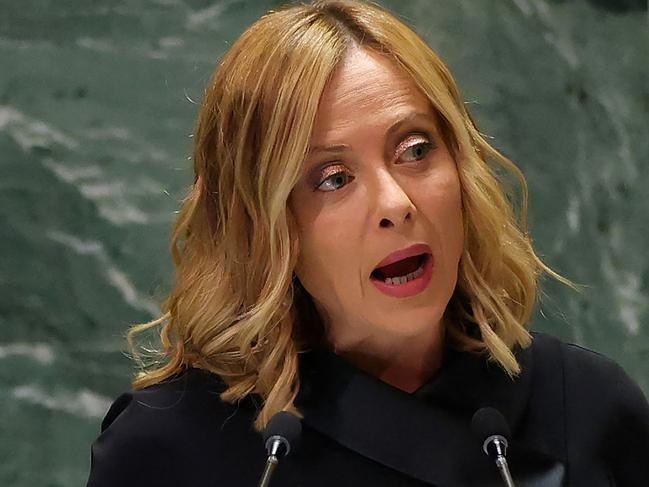 Italy's Prime Minister Giorgia Meloni speaks during the 79th Session of the United Nations General Assembly at the United Nations headquarters in New York City on September 24, 2024. (Photo by Charly TRIBALLEAU / AFP)