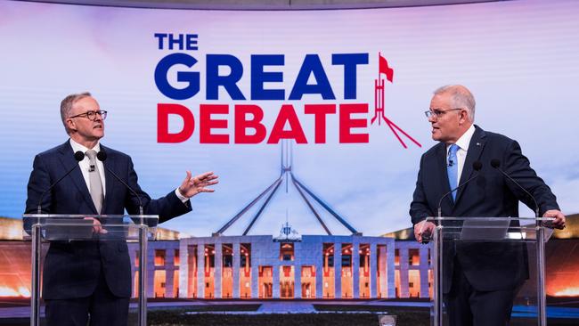 Prime Minister Scott Morrison and Opposition Leader Anthony Albanese clash during Channel 9’s Great Debate. Picture: James Brickwood