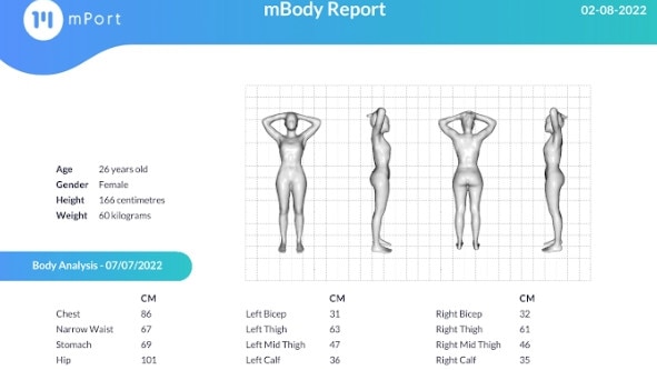 The app produces a six-page “mBody report” including body posture data<br/> following a phone scan.