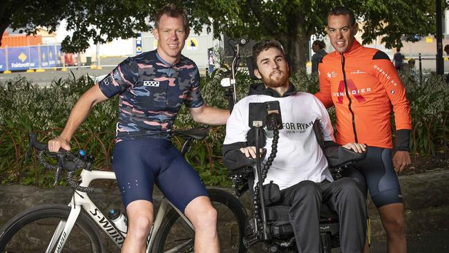 Jack Riewoldt, Ryan Wiggins and Richie Porte after their ride across Tasmania finishing in Hobart to help raise funds for Ryan Wiggins. Picture: Chris Kidd