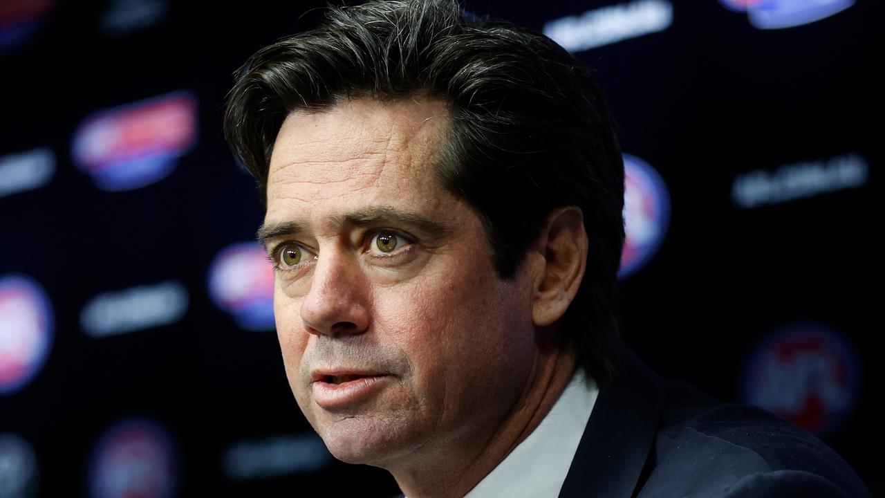 MELBOURNE, AUSTRALIA - JULY 05: Gillon McLachlan, Chief Executive Officer of the AFL speaks with media during an AFL Press Conference announcing the resignation of Steve Hocking at Marvel Stadium on July 05, 2021 in Melbourne, Australia. (Photo by Michael Willson/AFL Photos via Getty Images)