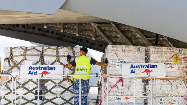 Stores are loaded at RAAF Base Amberley onto a C-17A Globemaster III bound for Vanuatu following a devastating earthquake in December. Picture: ADF