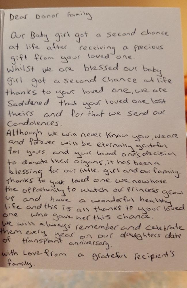 One third of Leeam Schloeffel's donated liver went to a baby girl, which saved her life. The girl's family wrote a heartfelt card thanking their family for saving their daughter. Picture: supplied