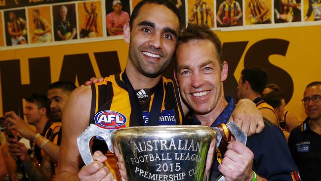 Shaun Burgoyne and Alastair Clarkson with the 2015 premiership cup. Picture: Colleen Petch