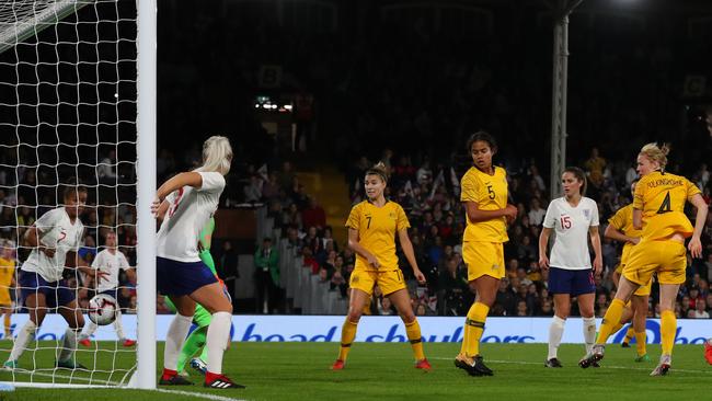 Matildas’ Clare Polkinghorne scores against England at Craven Cottage