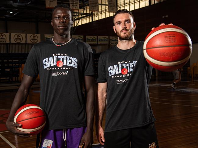 Makuach Malauch and Sean Macdonald as the Darwin Salties ahead of their first ever NBL1 North home semifinal. Picture: Pema Tamang Pakhrin